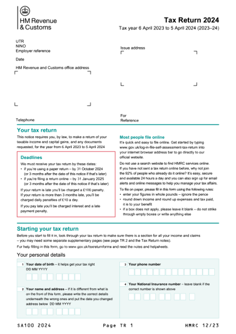 Page TR 1 of the SA100 2024 self-assessment tax return form Page TR 1 of the SA100 2024 self-assessment tax return form