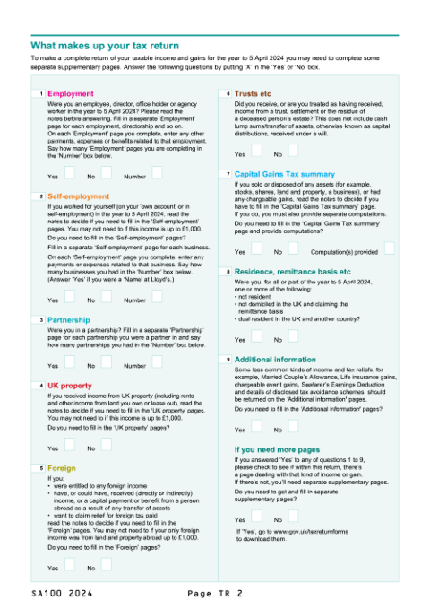 Page TR 2 of the SA100 2024 self-assessment tax return form Page TR 2 of the SA100 2024 self-assessment tax return form